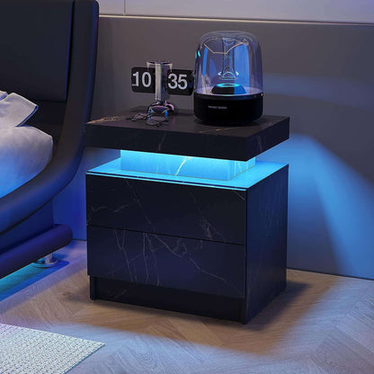 Nightstand LED Bedside Table Cabinet Lights Modern End Side with 2 Drawers for Bedroom (Black Gold) - Free Shipping - aurelia-clothing-8955