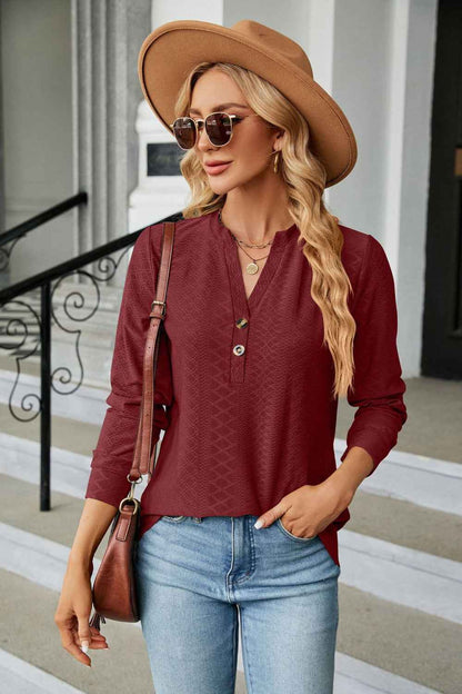 Notched Neck Long Sleeve Buttoned Blouse - aurelia-clothing-8955