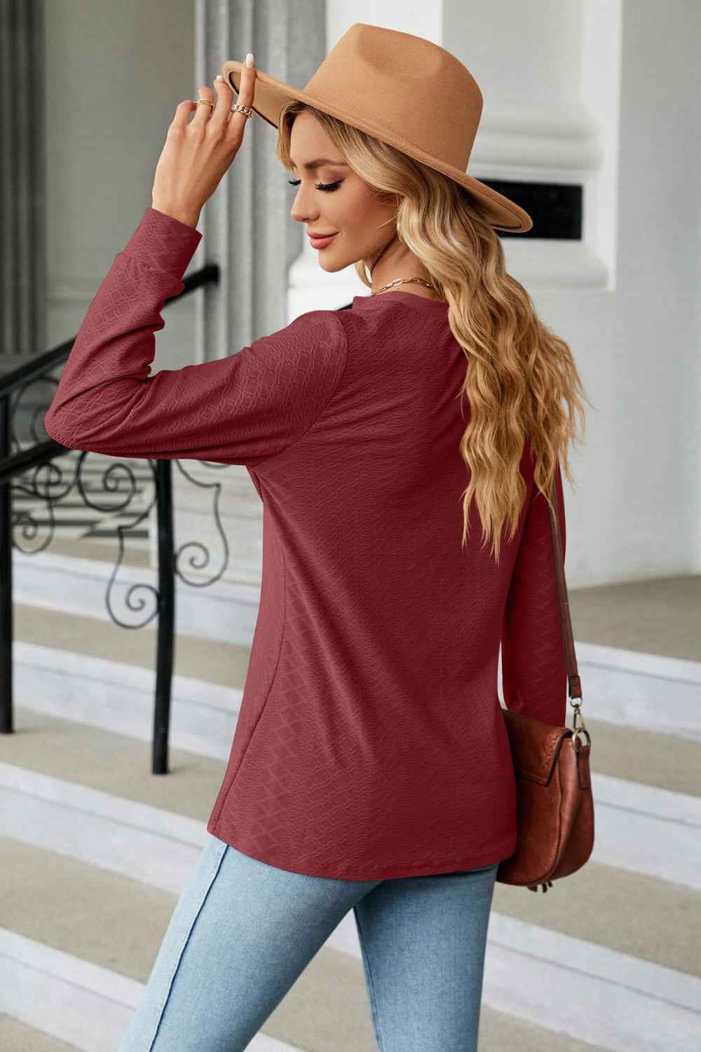 Notched Neck Long Sleeve Buttoned Blouse - aurelia-clothing-8955