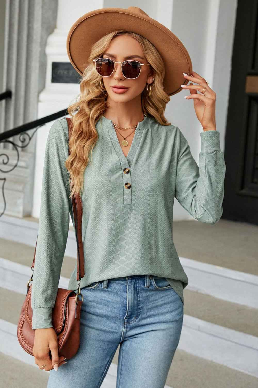 Notched Neck Long Sleeve Buttoned Blouse - aurelia-clothing-8955