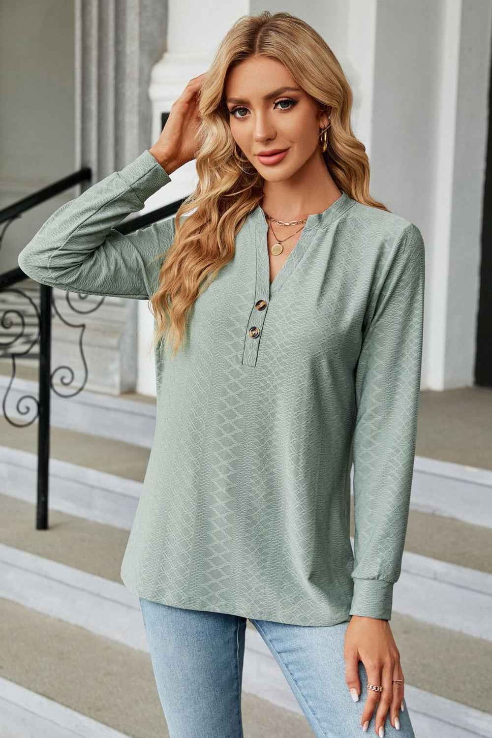 Notched Neck Long Sleeve Buttoned Blouse - aurelia-clothing-8955