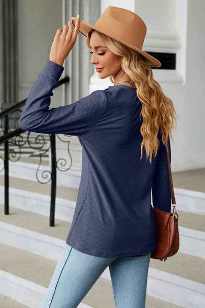 Notched Neck Long Sleeve Buttoned Blouse - aurelia-clothing-8955