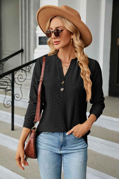 Notched Neck Long Sleeve Buttoned Blouse - aurelia-clothing-8955