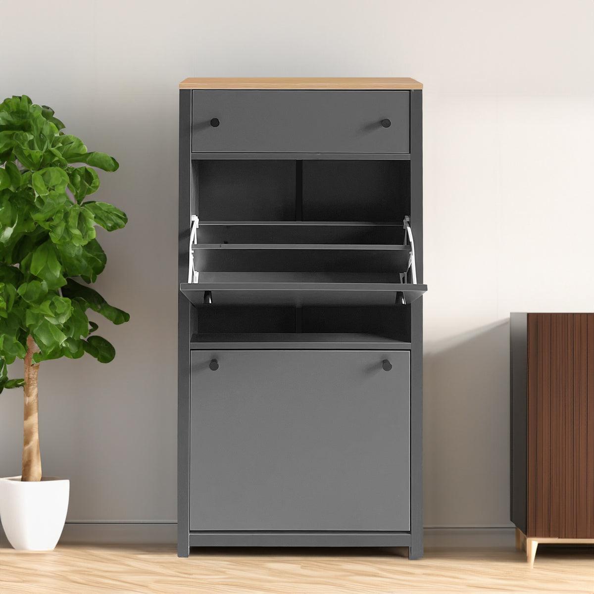 ONTREND functional with 2 flipped drawers, top shoe cabinet with adjustable panel, independent shoe rack, gray - Free Shipping - aurelia-clothing-8955