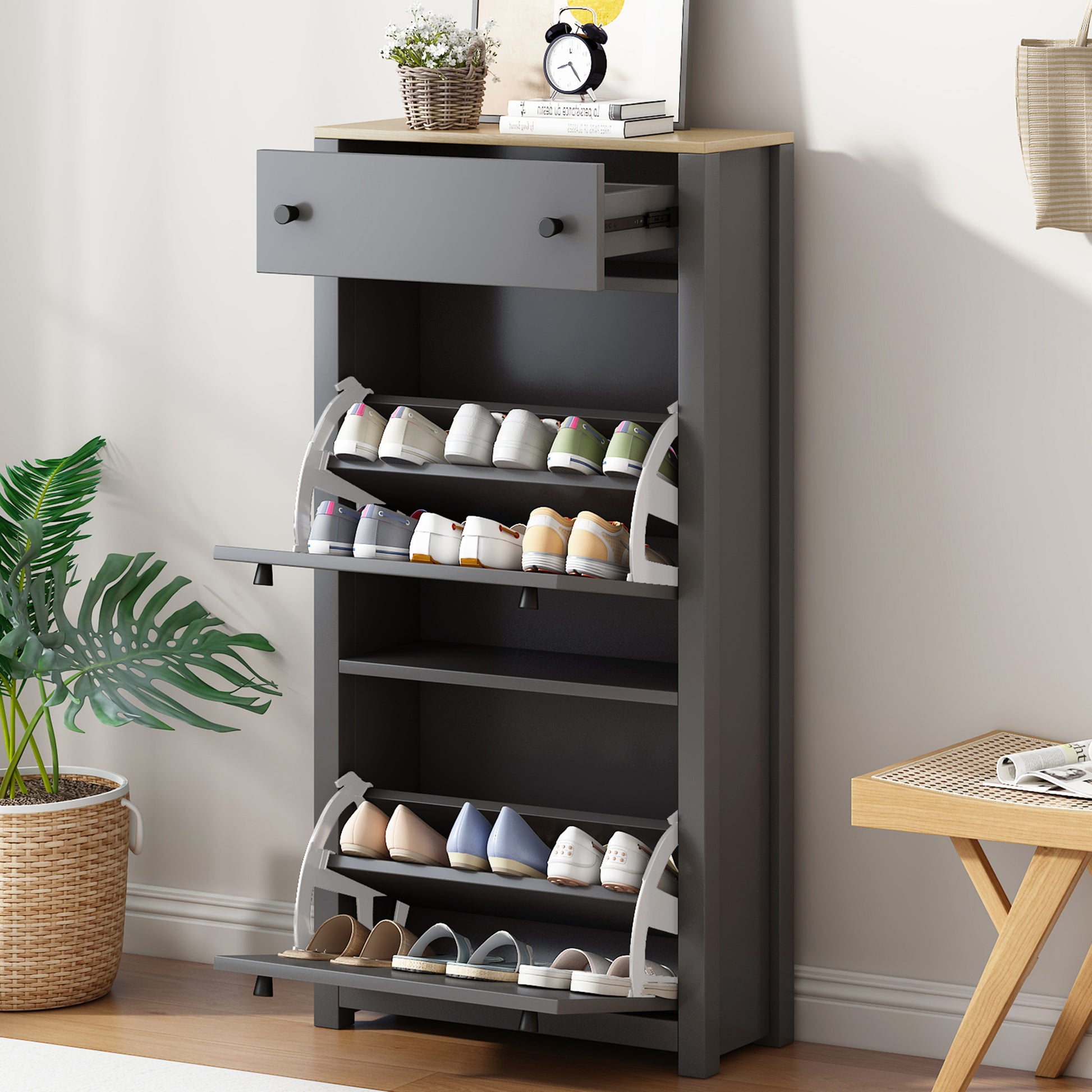 ONTREND functional with 2 flipped drawers, top shoe cabinet with adjustable panel, independent shoe rack, gray - Free Shipping - aurelia-clothing-8955