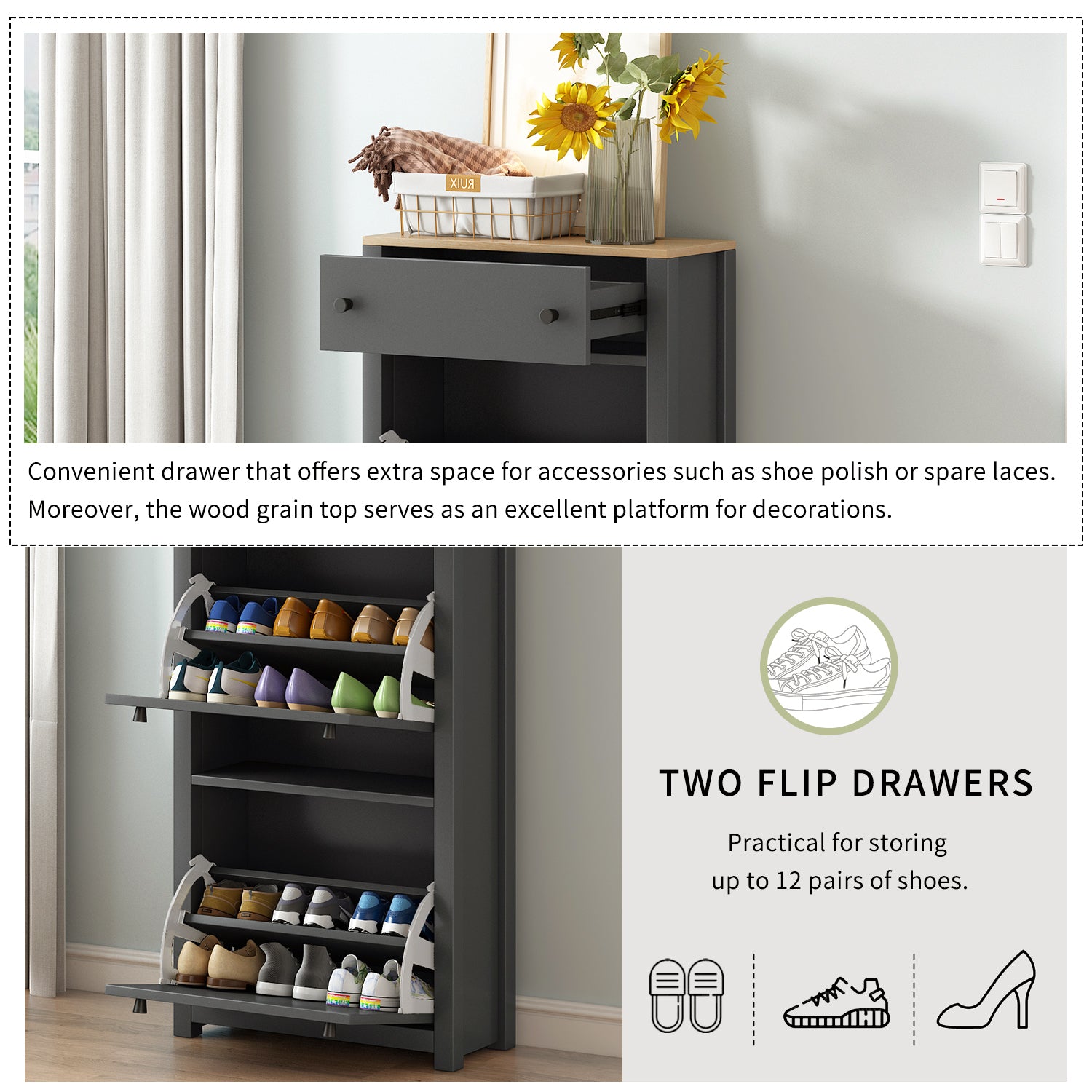 ONTREND functional with 2 flipped drawers, top shoe cabinet with adjustable panel, independent shoe rack, gray - Free Shipping - aurelia-clothing-8955