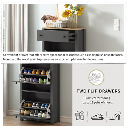 ONTREND functional with 2 flipped drawers, top shoe cabinet with adjustable panel, independent shoe rack, gray - Free Shipping - aurelia-clothing-8955