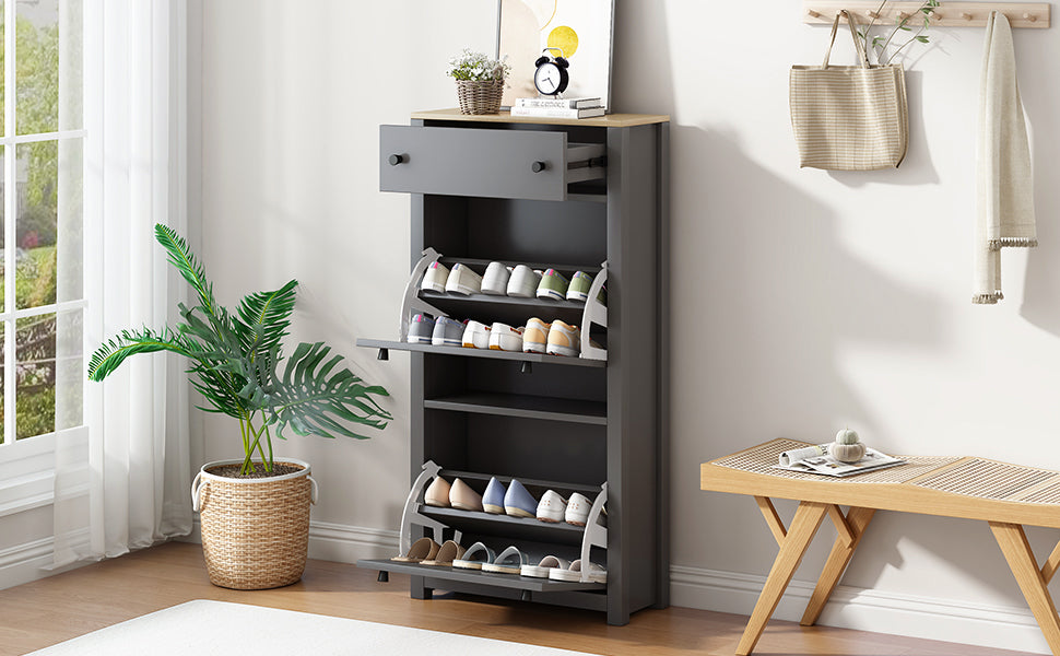 ONTREND functional with 2 flipped drawers, top shoe cabinet with adjustable panel, independent shoe rack, gray - Free Shipping - aurelia-clothing-8955