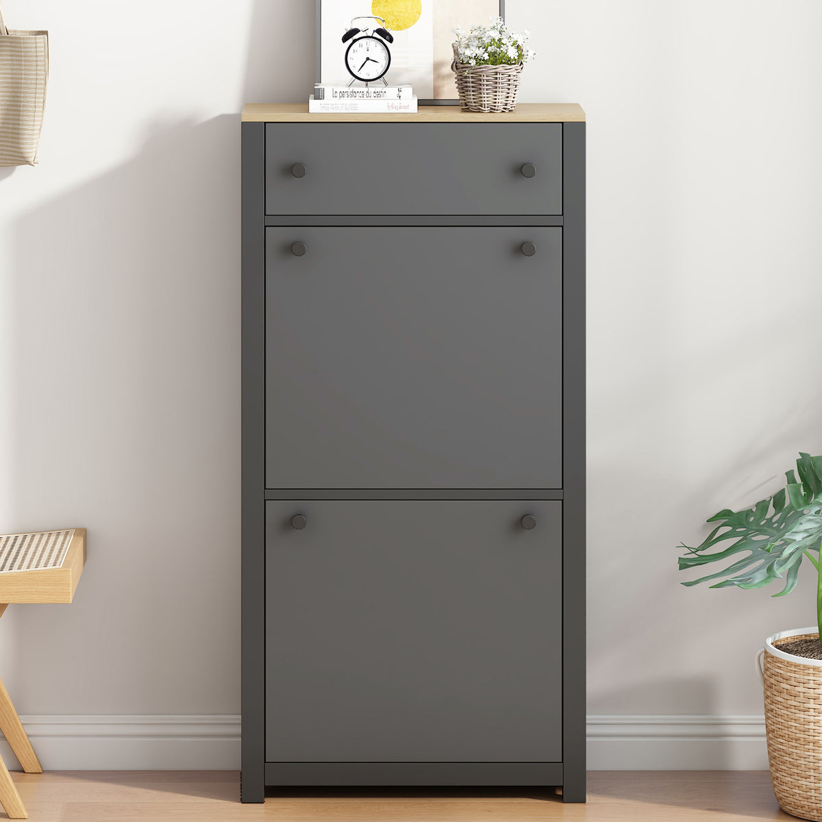 ONTREND functional with 2 flipped drawers, top shoe cabinet with adjustable panel, independent shoe rack, gray - Free Shipping - aurelia-clothing-8955