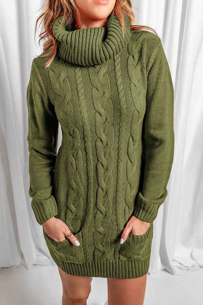 Olive Cowl Neck Cable Knit Sweater Dress - Free Shipping - aurelia-clothing-8955