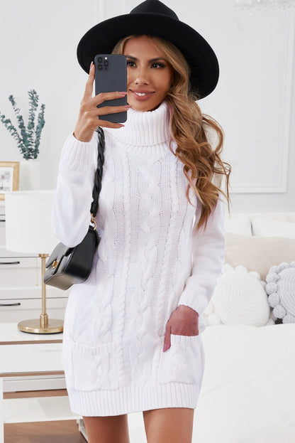 Olive Cowl Neck Cable Knit Sweater Dress - Free Shipping - aurelia-clothing-8955