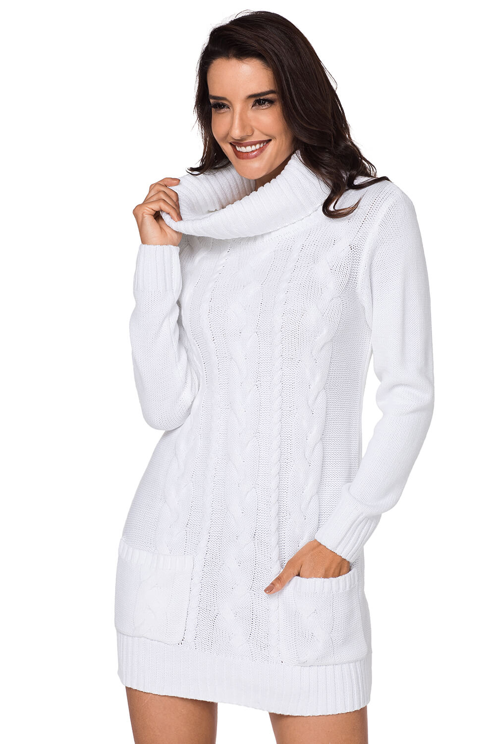 Olive Cowl Neck Cable Knit Sweater Dress - Free Shipping - aurelia-clothing-8955