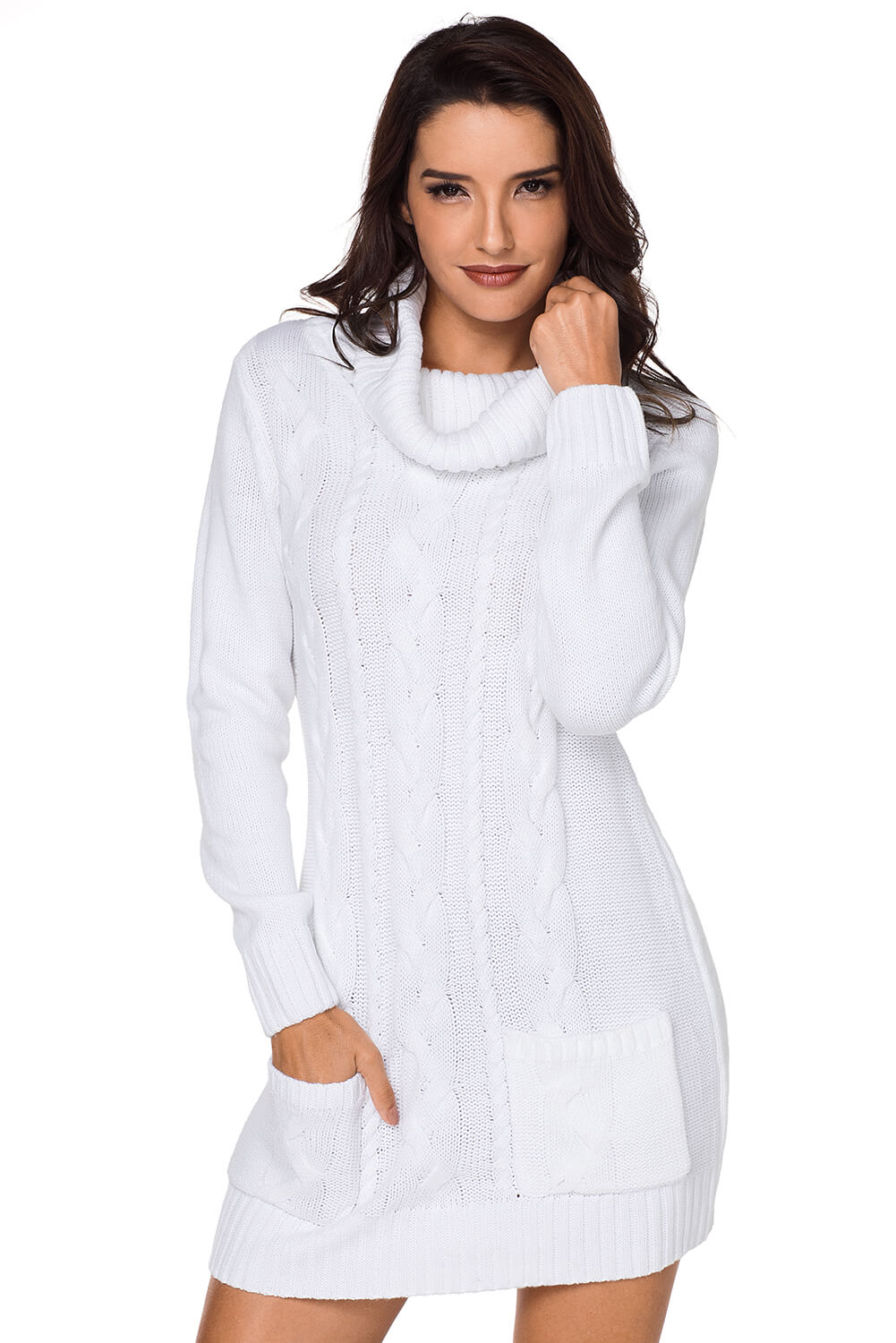 Olive Cowl Neck Cable Knit Sweater Dress - Free Shipping - aurelia-clothing-8955