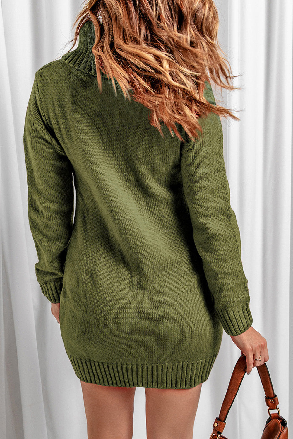 Olive Cowl Neck Cable Knit Sweater Dress - Free Shipping - aurelia-clothing-8955