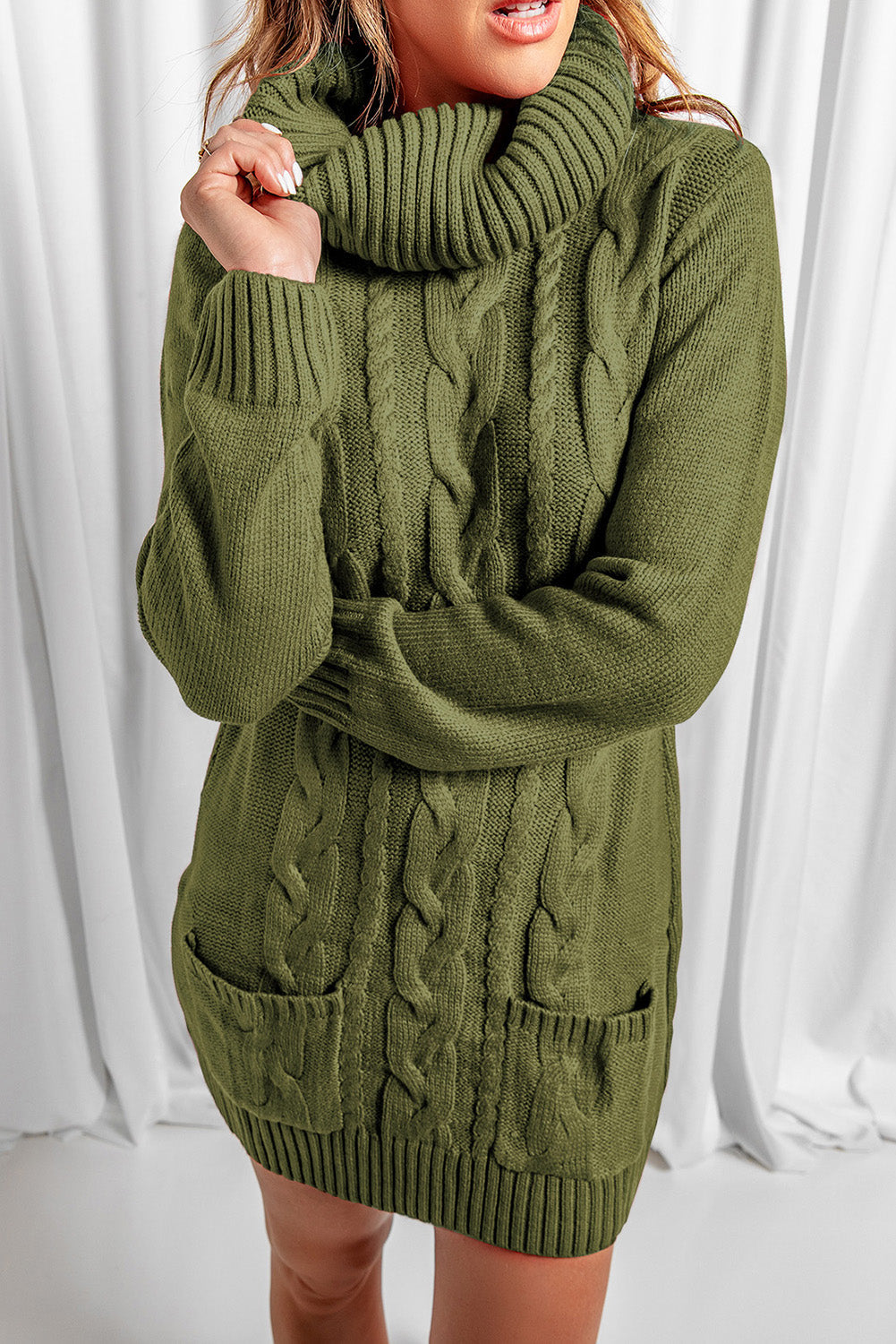 Olive Cowl Neck Cable Knit Sweater Dress - Free Shipping - aurelia-clothing-8955