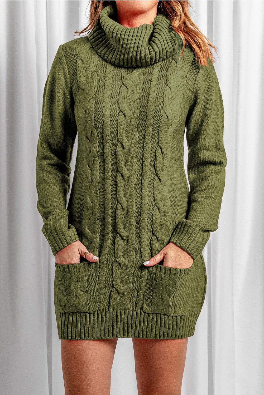 Olive Cowl Neck Cable Knit Sweater Dress - Free Shipping - aurelia-clothing-8955