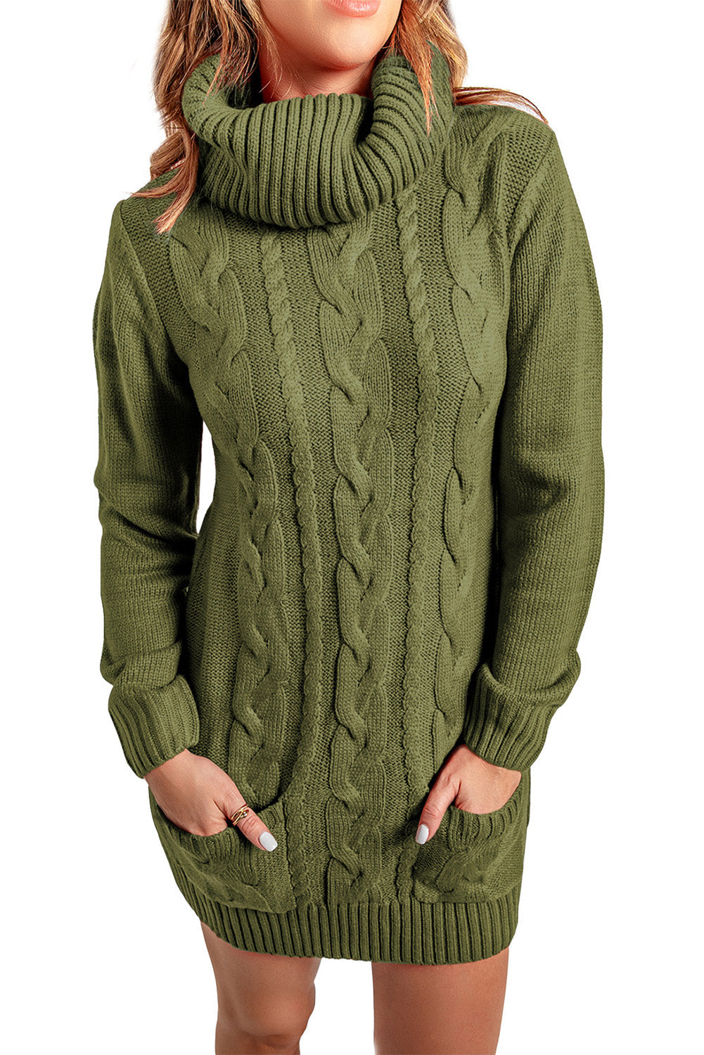Olive Cowl Neck Cable Knit Sweater Dress - Free Shipping - aurelia-clothing-8955
