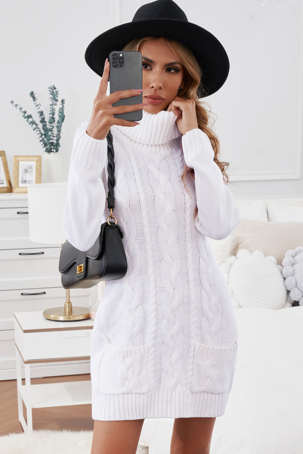 Olive Cowl Neck Cable Knit Sweater Dress - Free Shipping - aurelia-clothing-8955