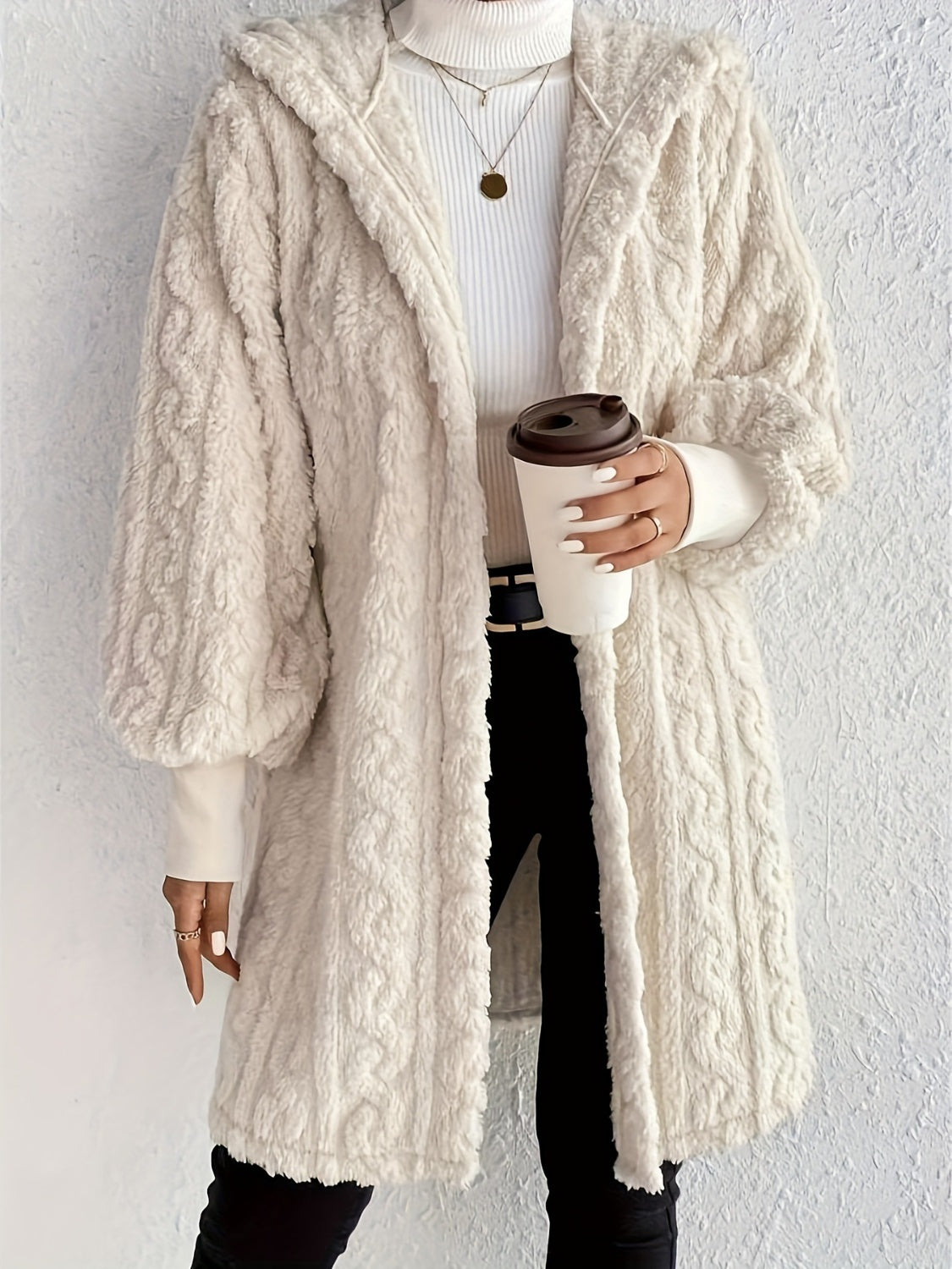 Open Front Long Sleeve Fuzzy Hooded Jacket - aurelia-clothing-8955