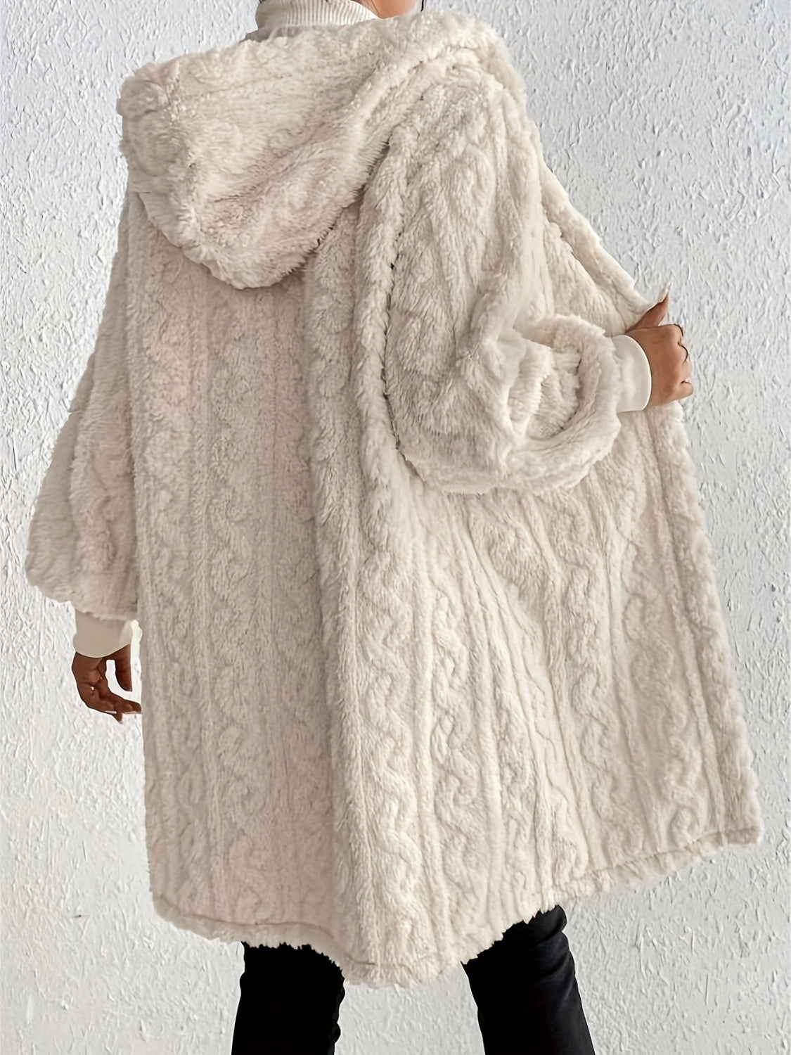 Open Front Long Sleeve Fuzzy Hooded Jacket - aurelia-clothing-8955