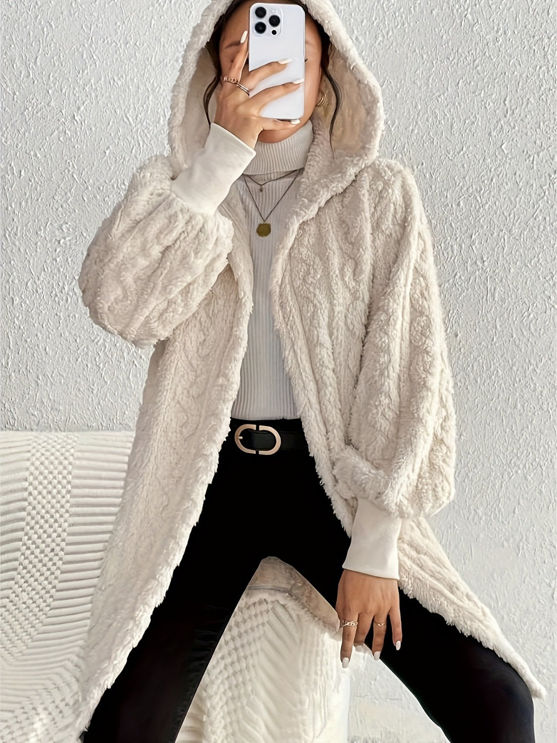 Open Front Long Sleeve Fuzzy Hooded Jacket - aurelia-clothing-8955