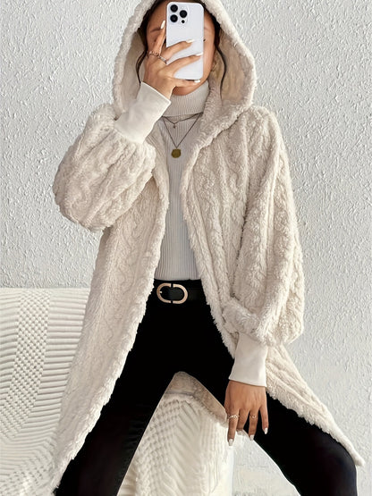 Open Front Long Sleeve Fuzzy Hooded Jacket - aurelia-clothing-8955