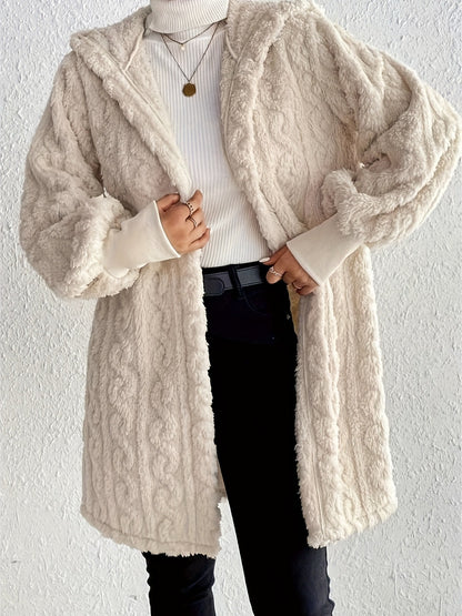 Open Front Long Sleeve Fuzzy Hooded Jacket - aurelia-clothing-8955