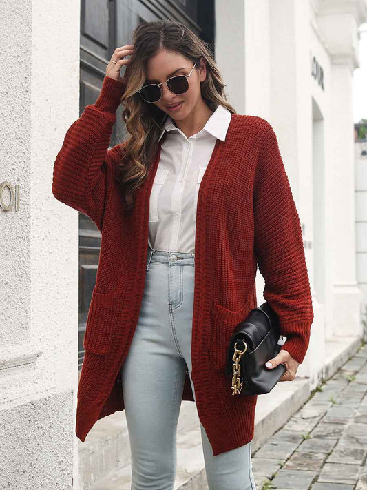 Open Front Rib-Knit Cardigan with Pockets - aurelia-clothing-8955