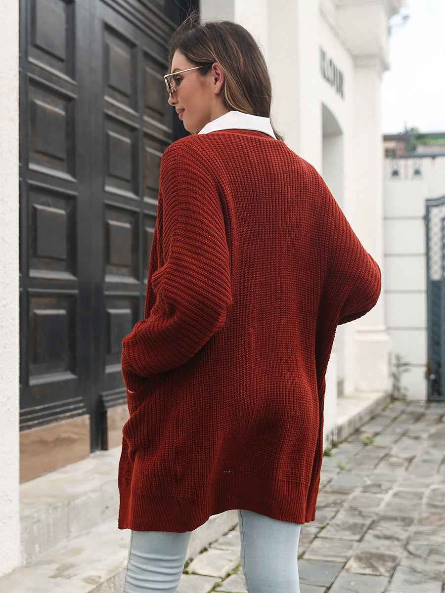 Open Front Rib-Knit Cardigan with Pockets - aurelia-clothing-8955