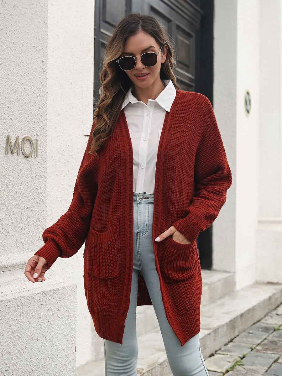 Open Front Rib-Knit Cardigan with Pockets - aurelia-clothing-8955