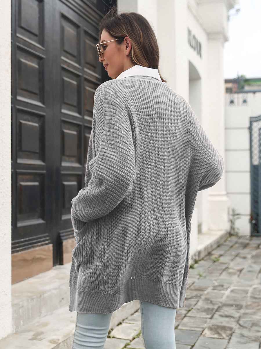 Open Front Rib-Knit Cardigan with Pockets - aurelia-clothing-8955