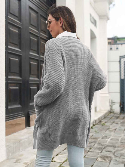 Open Front Rib-Knit Cardigan with Pockets - aurelia-clothing-8955