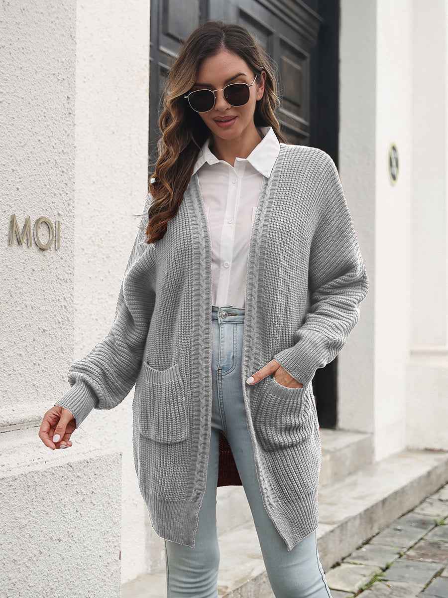Open Front Rib-Knit Cardigan with Pockets - aurelia-clothing-8955