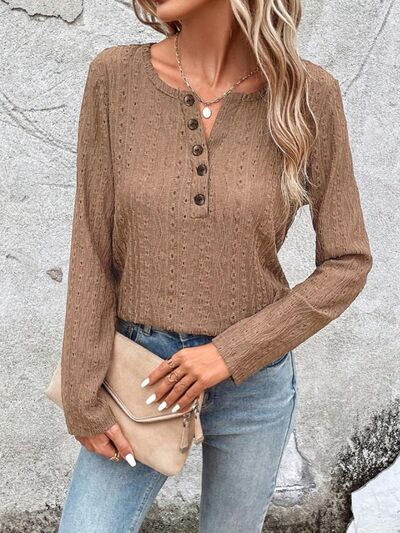 Openwork Half Button Long Sleeve Blouse - aurelia-clothing-8955