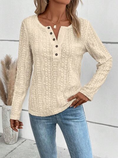 Openwork Half Button Long Sleeve Blouse - aurelia-clothing-8955