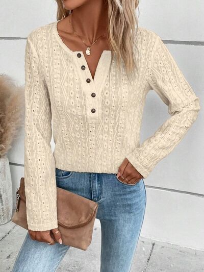 Openwork Half Button Long Sleeve Blouse - aurelia-clothing-8955