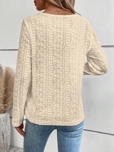 Openwork Half Button Long Sleeve Blouse - aurelia-clothing-8955