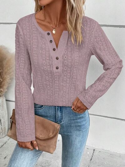 Openwork Half Button Long Sleeve Blouse - aurelia-clothing-8955
