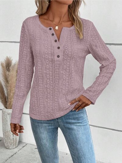 Openwork Half Button Long Sleeve Blouse - aurelia-clothing-8955