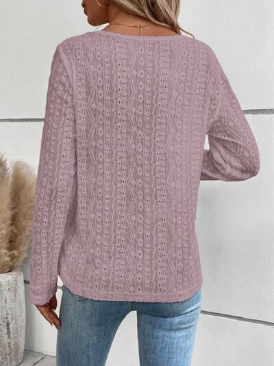 Openwork Half Button Long Sleeve Blouse - aurelia-clothing-8955