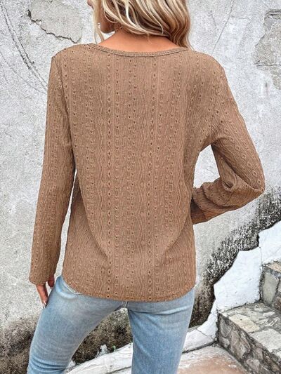 Openwork Half Button Long Sleeve Blouse - aurelia-clothing-8955