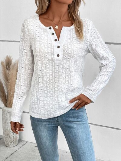 Openwork Half Button Long Sleeve Blouse - aurelia-clothing-8955