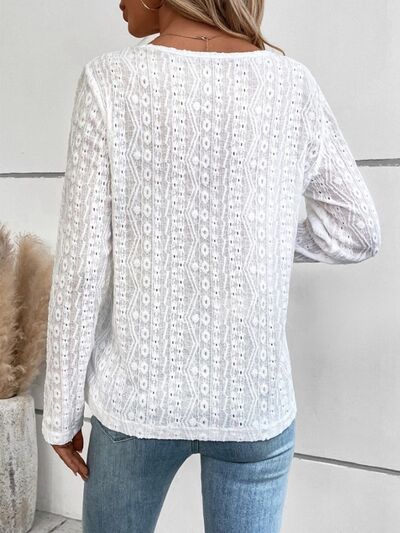 Openwork Half Button Long Sleeve Blouse - aurelia-clothing-8955