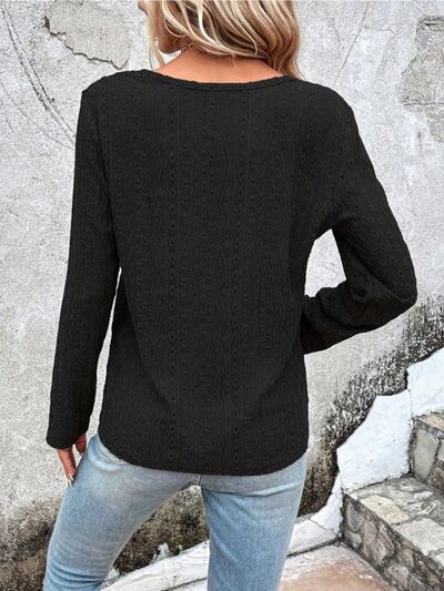 Openwork Half Button Long Sleeve Blouse - aurelia-clothing-8955