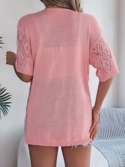 Openwork Open Front Half Sleeve Cardigan - aurelia-clothing-8955