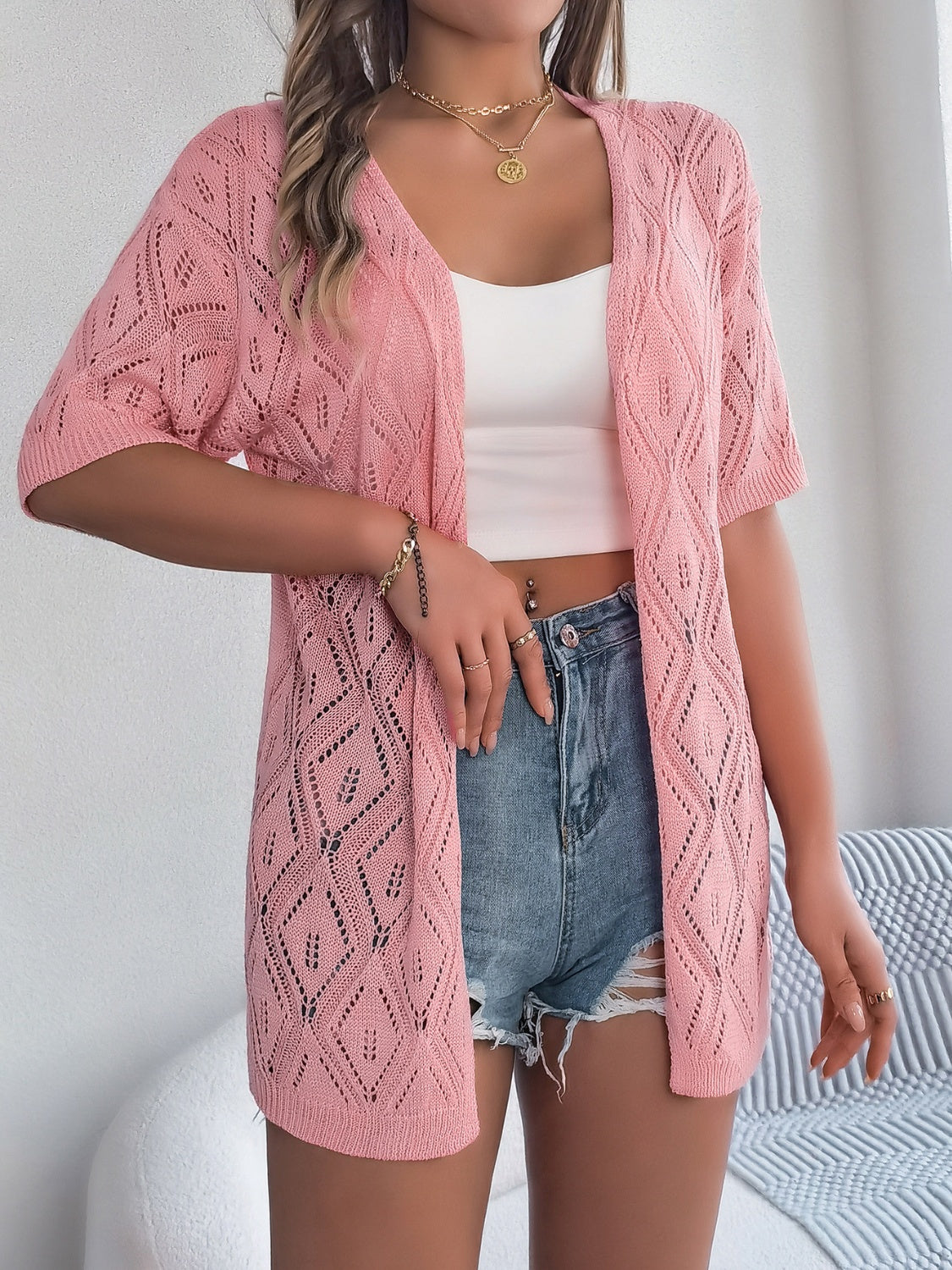 Openwork Open Front Half Sleeve Cardigan - aurelia-clothing-8955