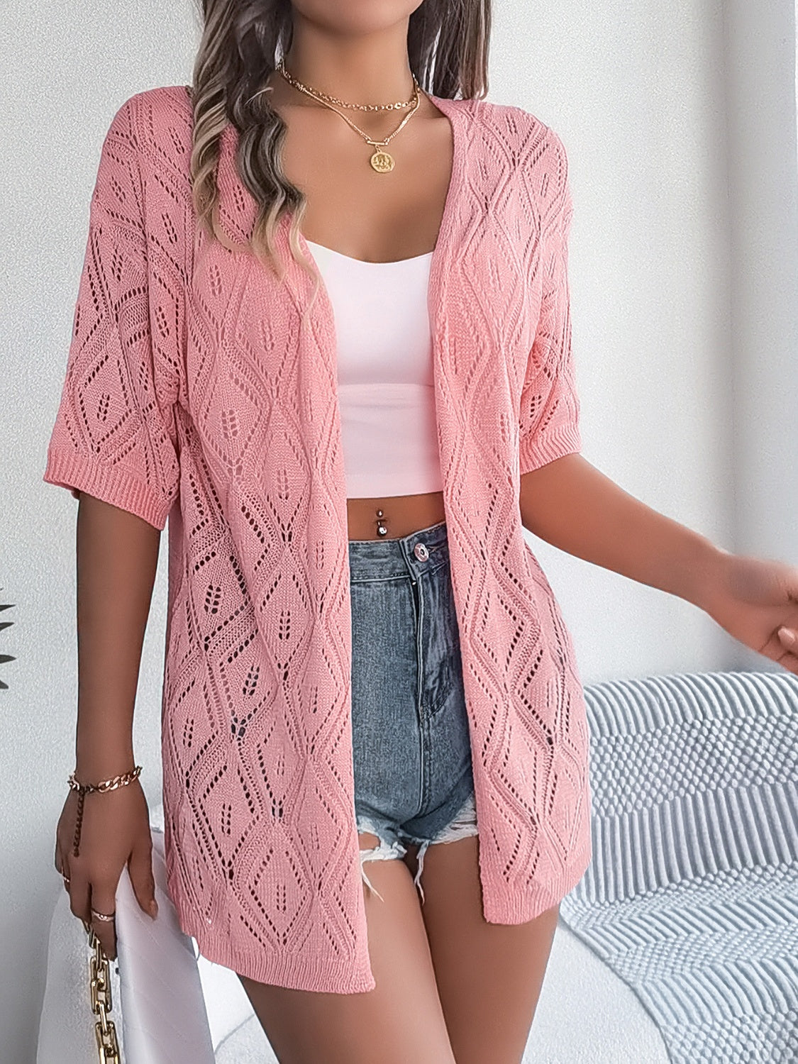 Openwork Open Front Half Sleeve Cardigan - aurelia-clothing-8955