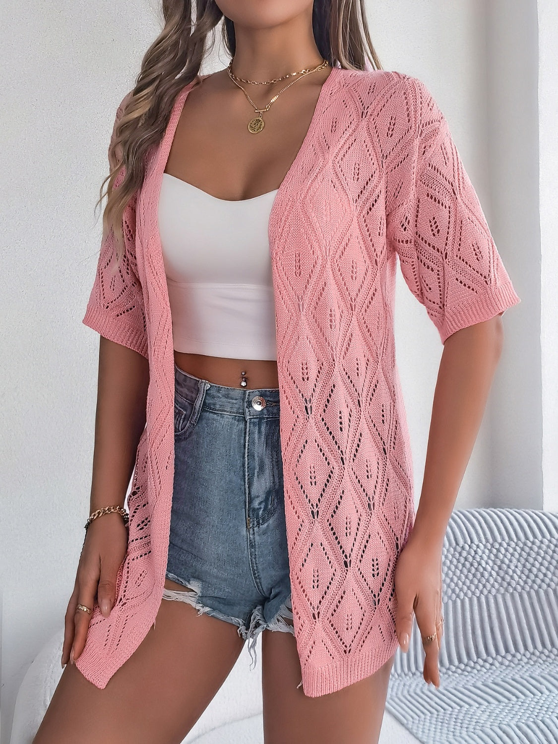 Openwork Open Front Half Sleeve Cardigan - aurelia-clothing-8955