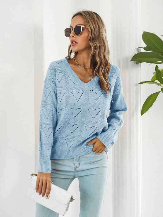 Openwork V-Neck Sweater - aurelia-clothing-8955