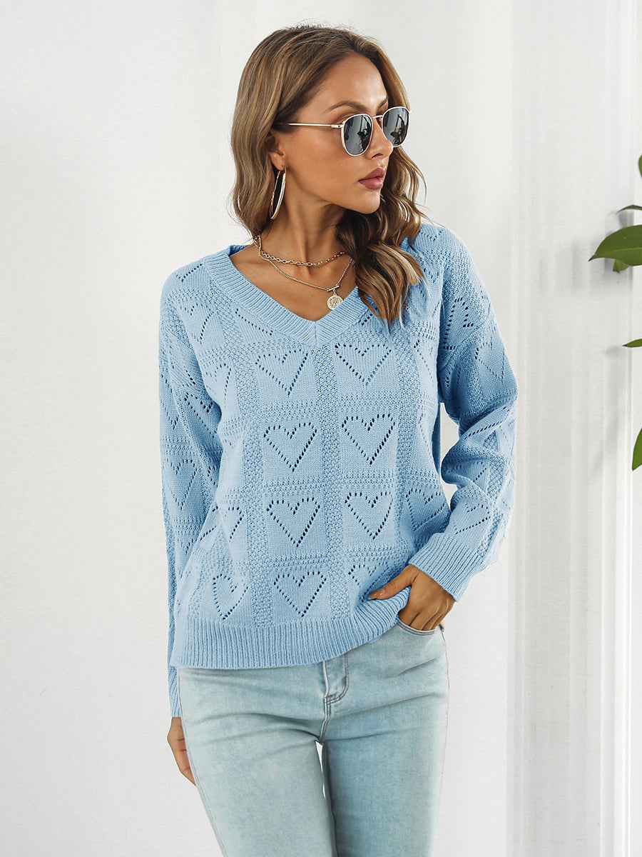 Openwork V-Neck Sweater - aurelia-clothing-8955